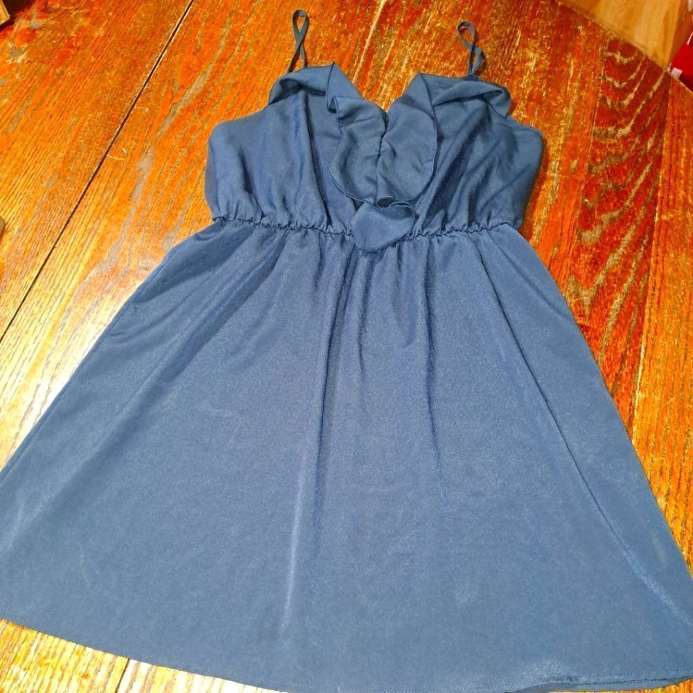 Large Mine Navy Blue Spaghetti Strap Ruffle Top Elastic Waist Mini Dress